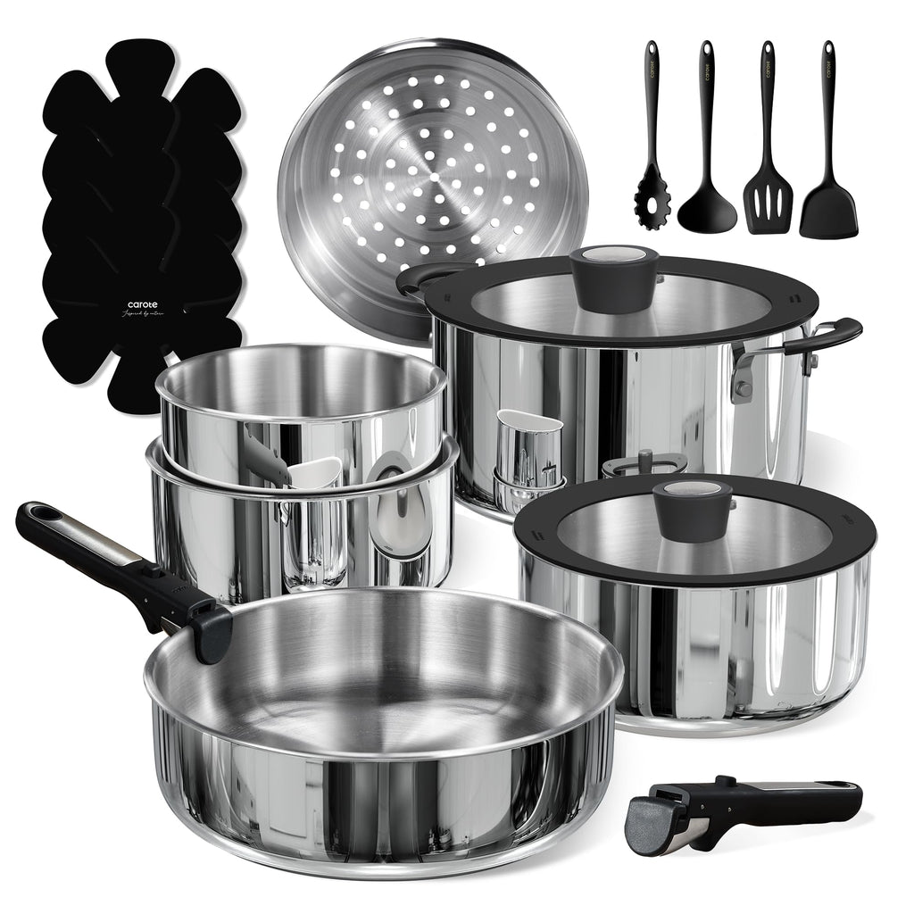 CAROTE 18pcs Tri-Ply Stainless Steel Cookware Set with Detachable Handle