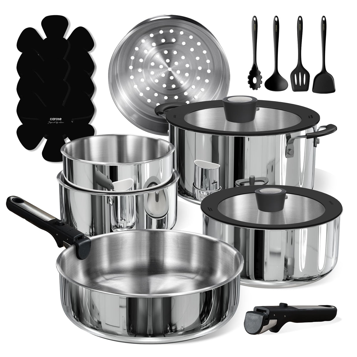 CAROTE 18pcs Tri-Ply Stainless Steel Cookware Set with Detachable Handle