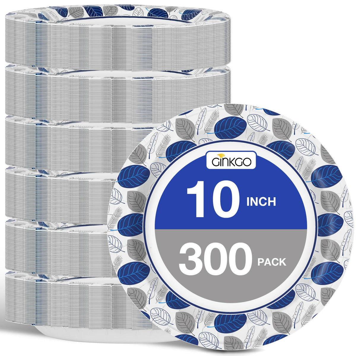 Ginkgo 300 Count Disposable Paper Plates 10 Inch Bulk | Soak Proof, Cut Resistant & Food Safe, Large Paper Dinner Plates for Everyday Use