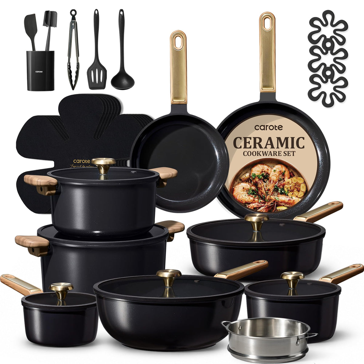 CAROTE 31pcs Ceramic Cookware Sets, Pots and Pans Set, with Wok
