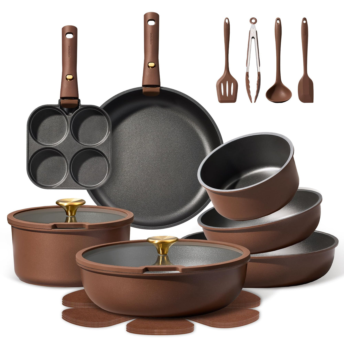 CAROTE 21pcs Pots and Pans Set, Nonstick Cookware Set Detachable Handle, Induction Kitchen Cookware Sets Non Stick with Removable Handle, RV Cookware Set, Oven Safe, Brown
