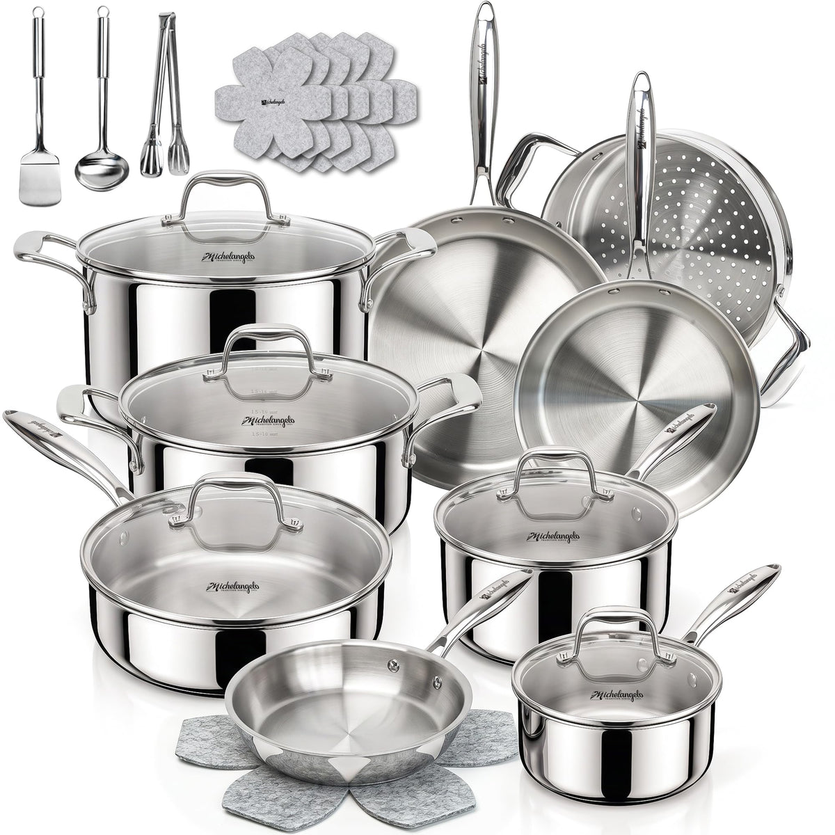 MICHELANGELO 5-Ply Stainless Steel Cookware Set, 23-Piece Pots and Pans Set