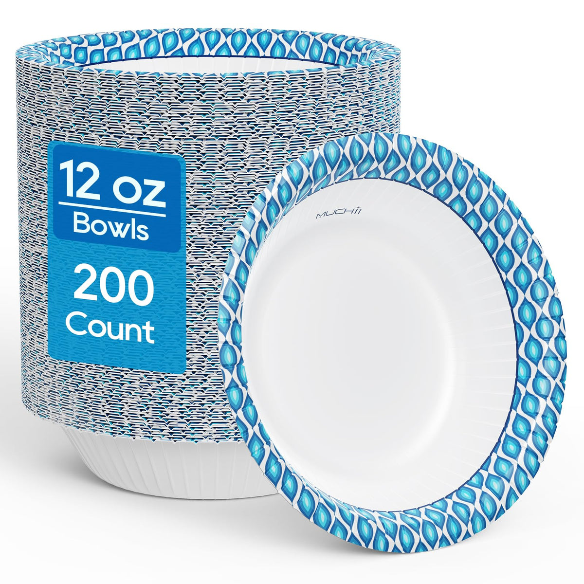 MUCHII 12 oz Paper Bowls, 200 Count Printed Disposable Small Bowls Bulk | Blue,Small Soup Bowls,Soak Proof,Small Bowls,Dessert,Salad,Breakfast,Lunch,Dinner Meals,School Cafeteria