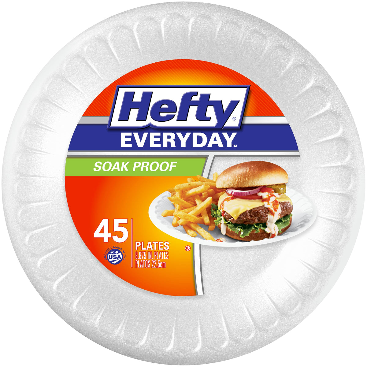 Hefty Everyday Soak Proof Round Foam Plates, White, 9 inches, 45ct | Disposable White Plates for Lunch, Salads, Appetizers, Great for Everyday Use, Easy Cleanup, Soak Proof
