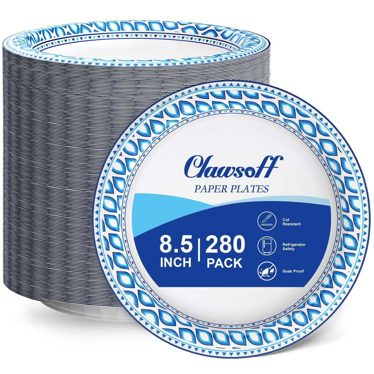 Clawsoff 8.5 Inch 280 Count Paper Plates Heavy Duty Disposable Plates Blue | Cut Proof Dinner Plates, Soak Proof Dessert Plates, Printed Design, Not Microwaveable, for Party, Birthday, Picnic, Food Safe