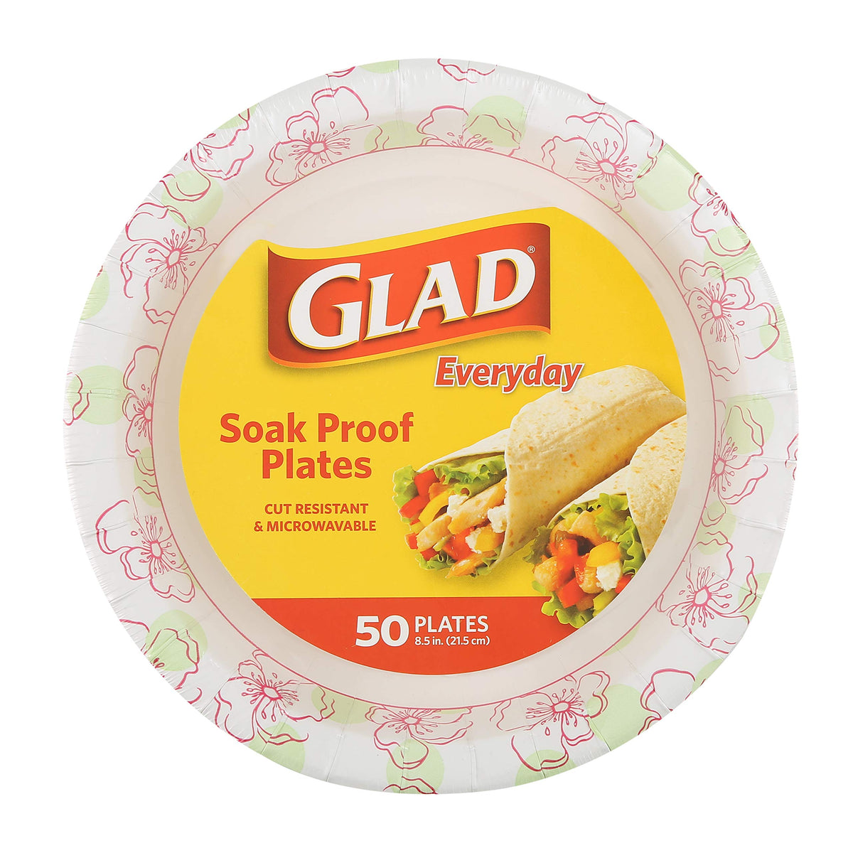 Glad Round Disposable Paper Plates, Pink Flower Pattern, 8.5 Inch, 50 Count | Coated paper, soak-proof and cut-resistant, microwave safe, dinner parties and everyday meals