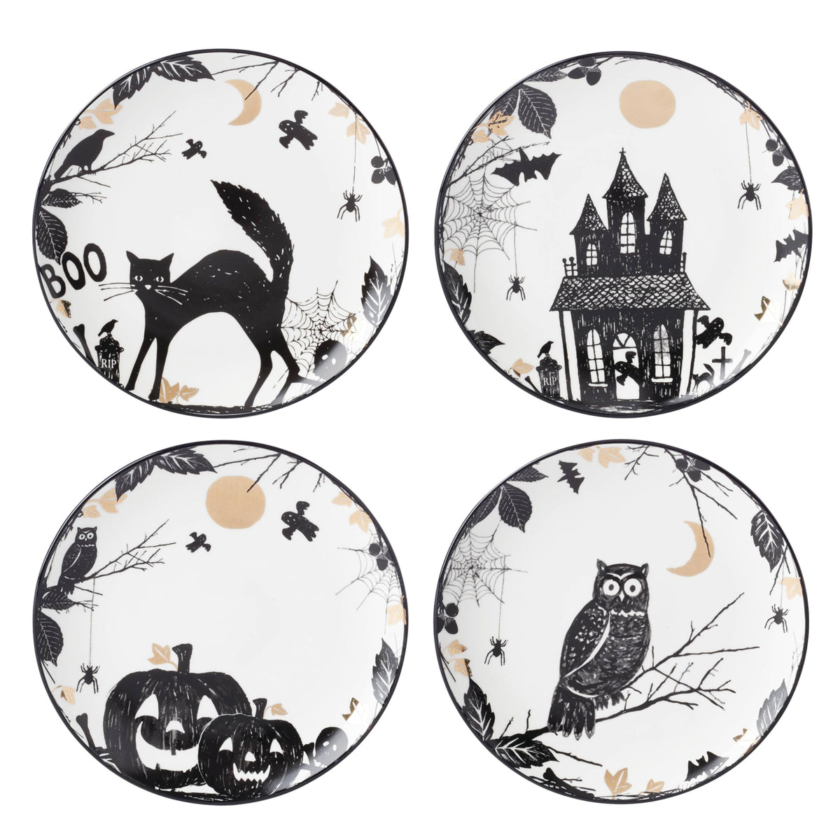 Lenox Haunted Halloween 4-Piece Accent Plates, Appetizer Plate Set for 4 | porcelain, dishwasher safe, microwave safe | also great as a halloween dessert plate for salad or bread