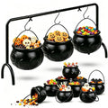 CESOF 12 Pcs Cauldron Halloween Party Decorations Witches Cauldron Bowls | Hanging Black Plastic Cauldron with Iron Rack Large Mini Candy Bucket Serving Punch Bowl for Table Hocus Pocus Indoor Decor