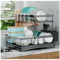 7 code 2-Tier Large Dish Drying Rack for Kitchen Counter, Black | Detachable Large Capacity Dish Drainer Organizer with Auto Drain, Anti-Rust Dish Rack with Cup & Utensil Holders