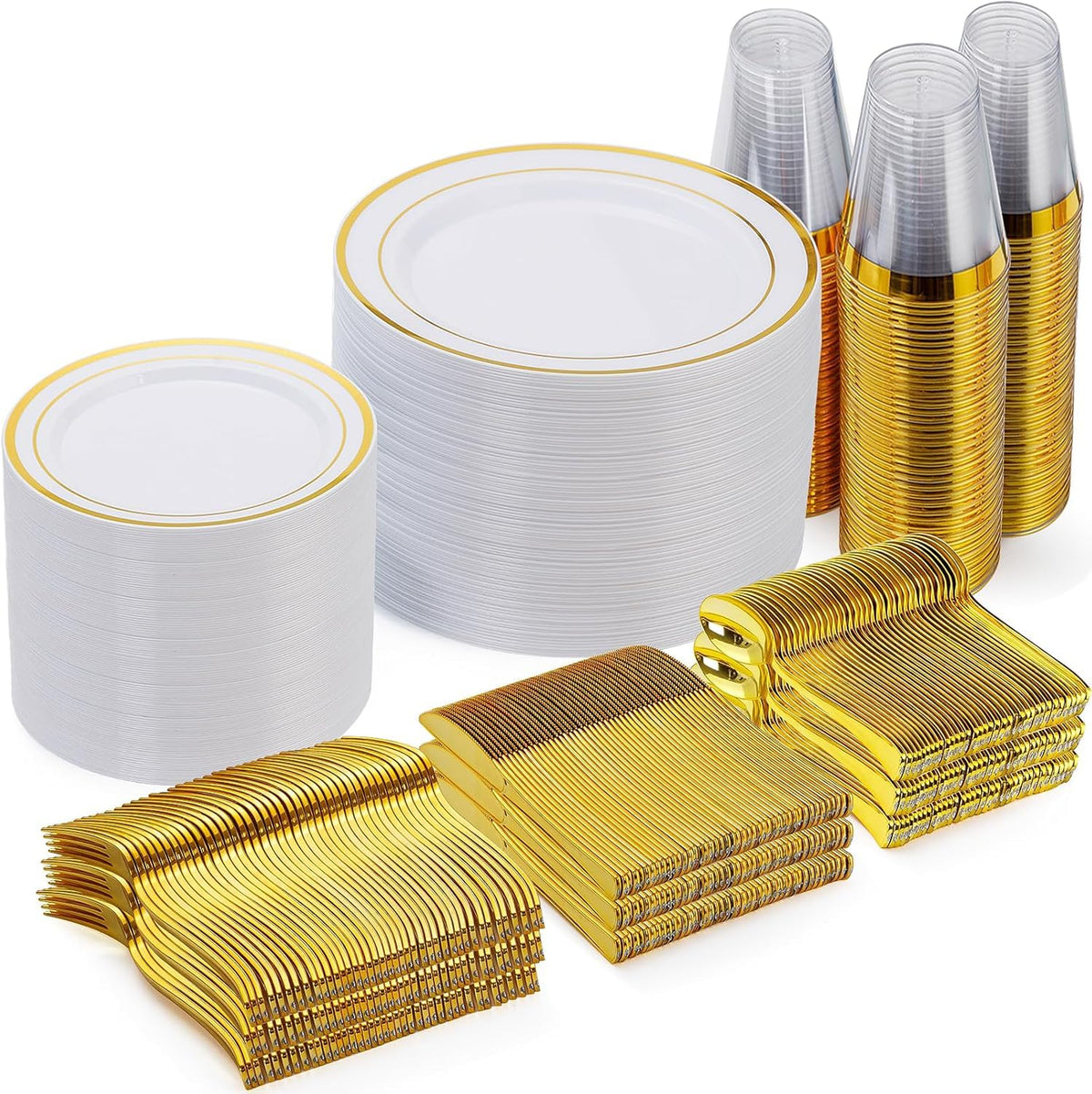 Goodluck 600 Pieces Gold Disposable Plastic Plates for 100 Guests | Include: Dinnerware Set of 100 Dinner and 100 Dessert Plates, 100 Spoons, 100 Forks, 100 Knives, 100 Cups Plates for Party