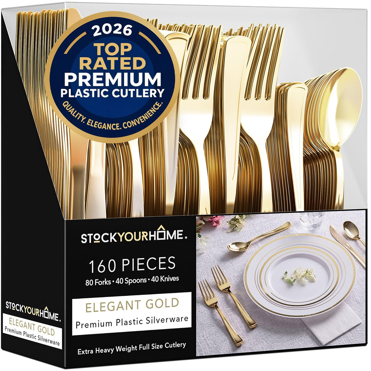 Gold Plastic Silverware Set (160 Bulk Pack) Disposable Cutlery Utensils, 80 Forks, 40 Knives, 40 Spoons, Heavy Duty Flatware For Holidays, Parties, Dinners, Weddings, and Occasions