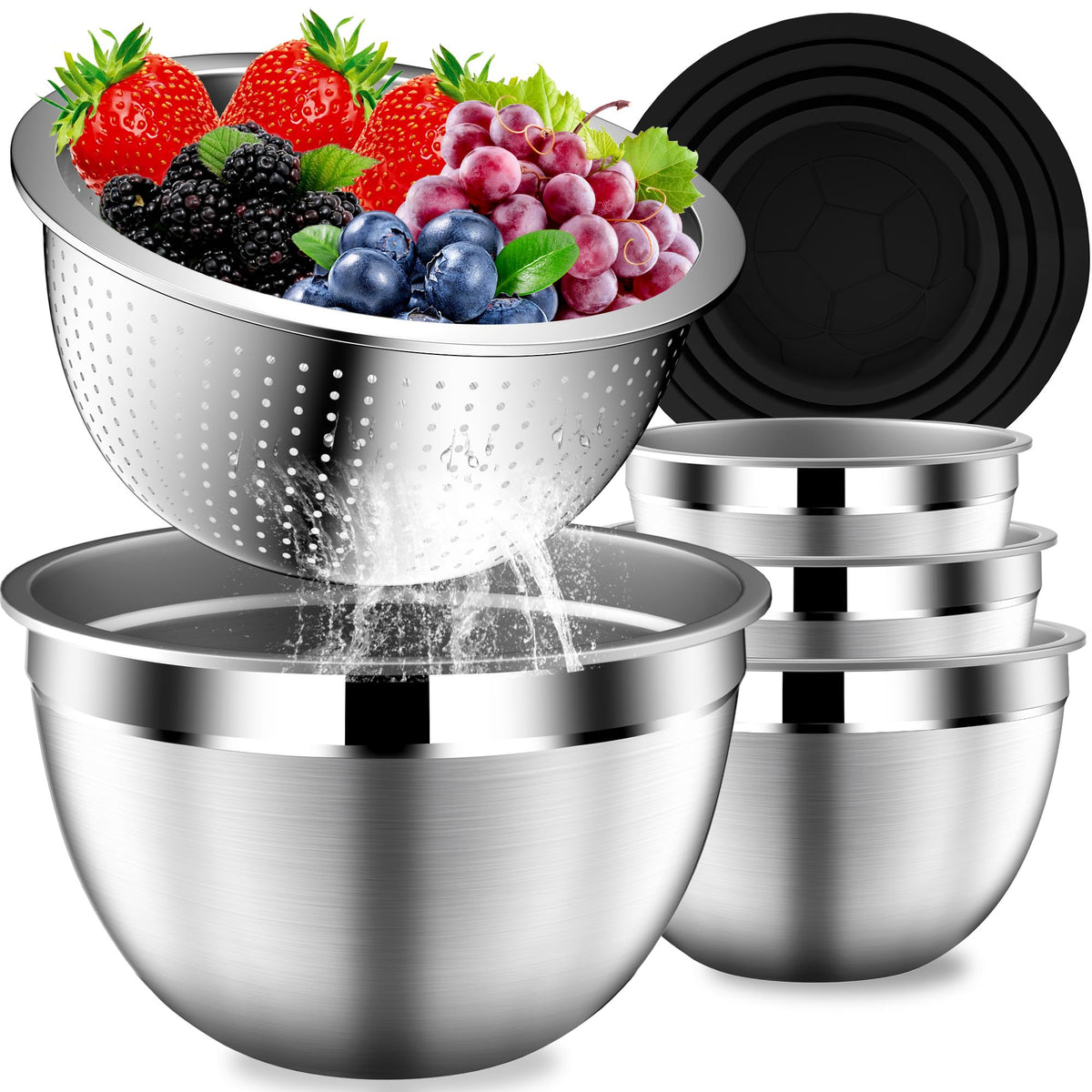 Mixing Bowls with Lids Set, Stainless Steel Mixing Bowl with Colander | Home and Kitchen Essential incl. Strainer 3 Qt with Mixing Bowl 1.5/2/2.5/3/4.5Qt for Fruit, Salad, Serving, Cooking - Black