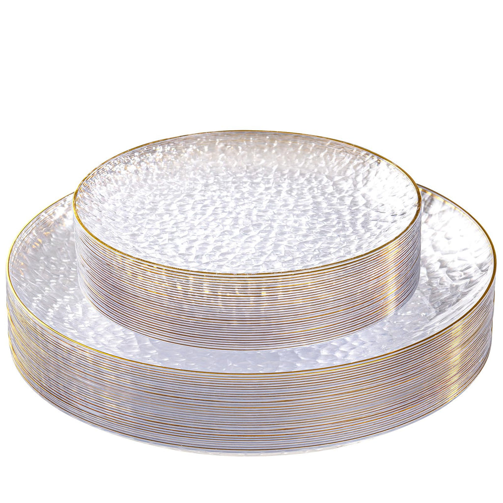 SUT 36Pcs Clear Plastic Plates, Hammered Plates Disposable Heavy Duty, Clear Disposable Plates With Gold Rim, Fancy Plastic plates Include 18 Dinner plate and 18 Dessert plate for Wedding