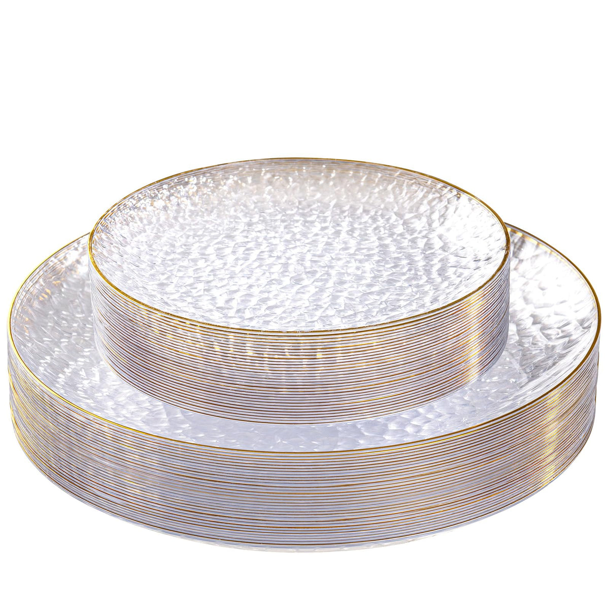 SUT 36Pcs Clear Plastic Plates, Hammered Plates Disposable Heavy Duty, Clear Disposable Plates With Gold Rim, Fancy Plastic plates Include 18 Dinner plate and 18 Dessert plate for Wedding
