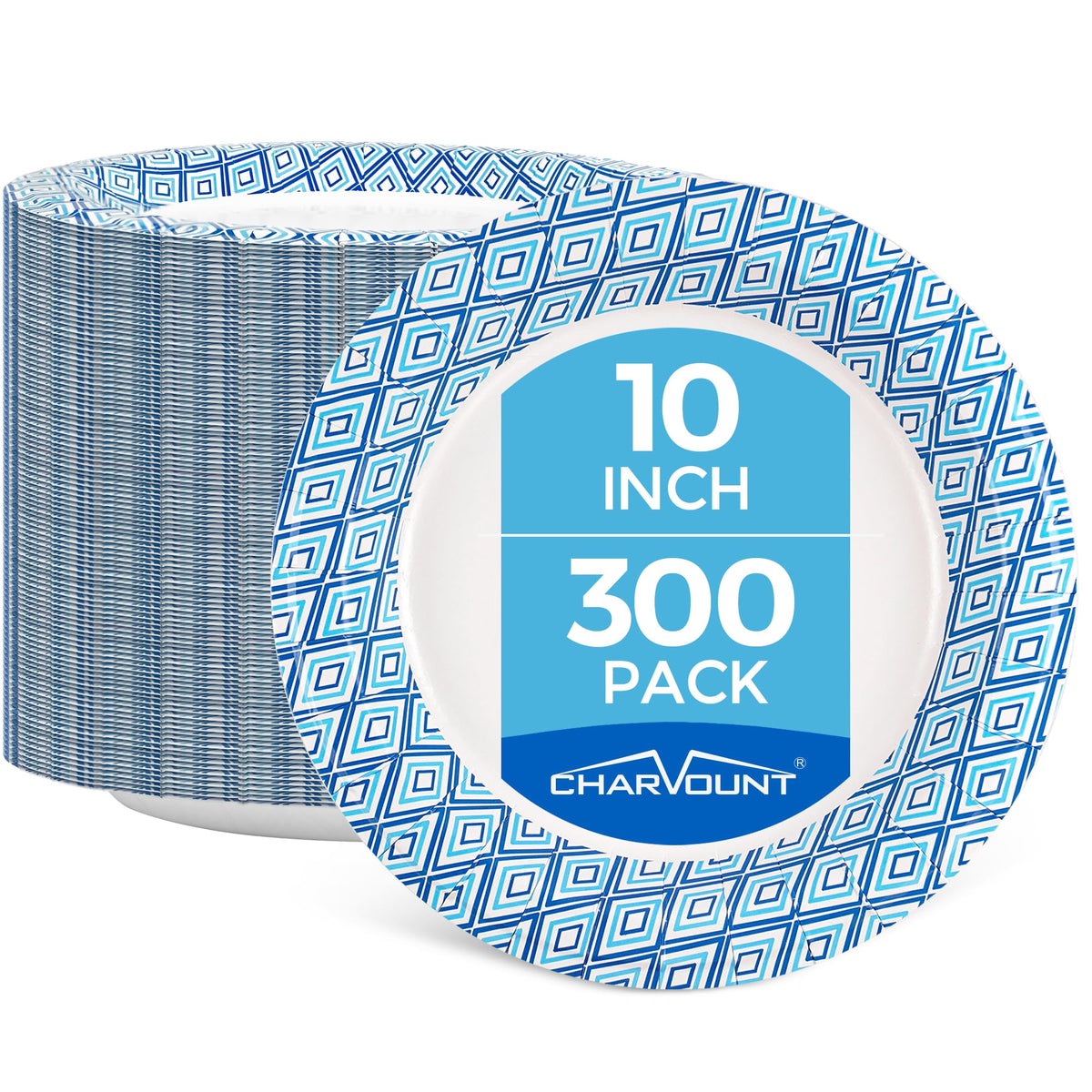 Charmount 10 Inch Disposable Blue Paper Plates - 300 Count | Soak Proof, Cut Proof Heavy Duty Dinner Plates for Party, Picnic, Family Gatherings, Everyday Use