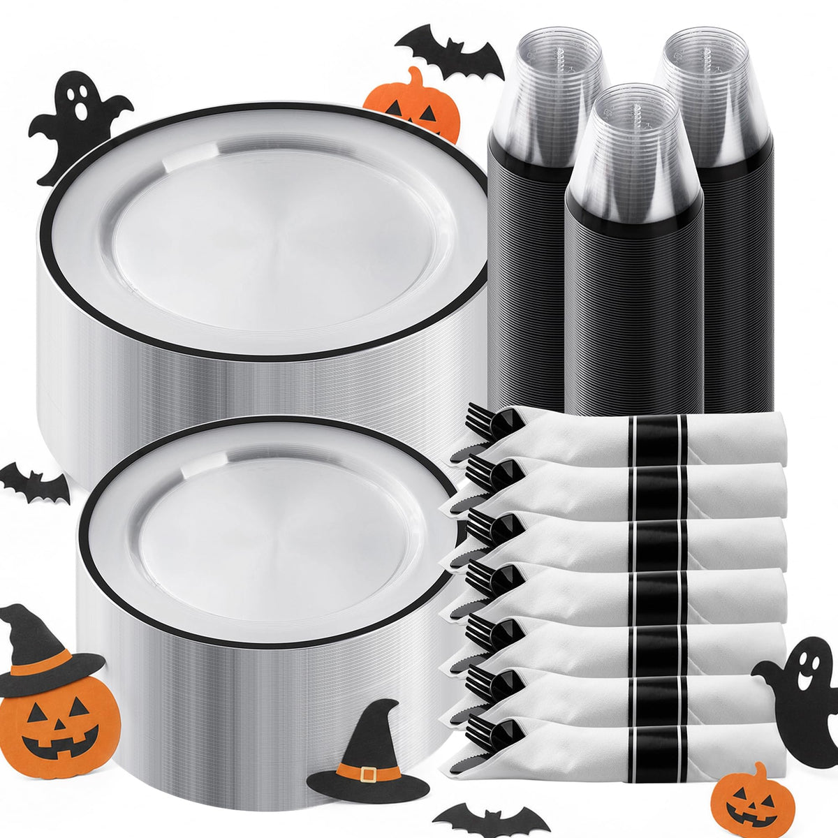 Goodluck 350 Pcs Clear Plastic Plates with Black Rim, Plastic Dinnerware | Disposable Plates for 50, Includes 100 Plates, 50 Pre Rolled Napkins with Cutlery Set, 50 Cups, for Halloween Party