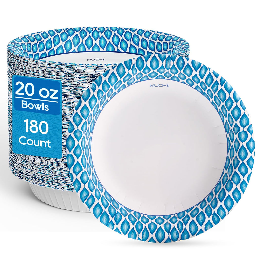 MUCHII 20 oz Paper Bowls, 180 Count Printed Disposable Large Bowls Bulk | Blue,Large Soup Bowls,Soak Proof,Big Bowls,Dessert,Salad,Breakfast,Lunch,Dinner Meals,School Cafeteria