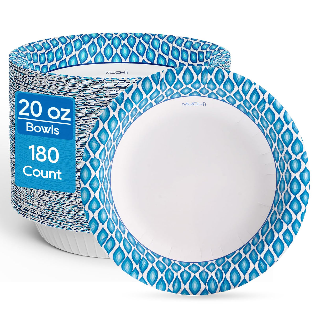 MUCHII 20 oz Paper Bowls, 180 Count Printed Disposable Large Bowls Bulk | Blue,Large Soup Bowls,Soak Proof,Big Bowls,Dessert,Salad,Breakfast,Lunch,Dinner Meals,School Cafeteria