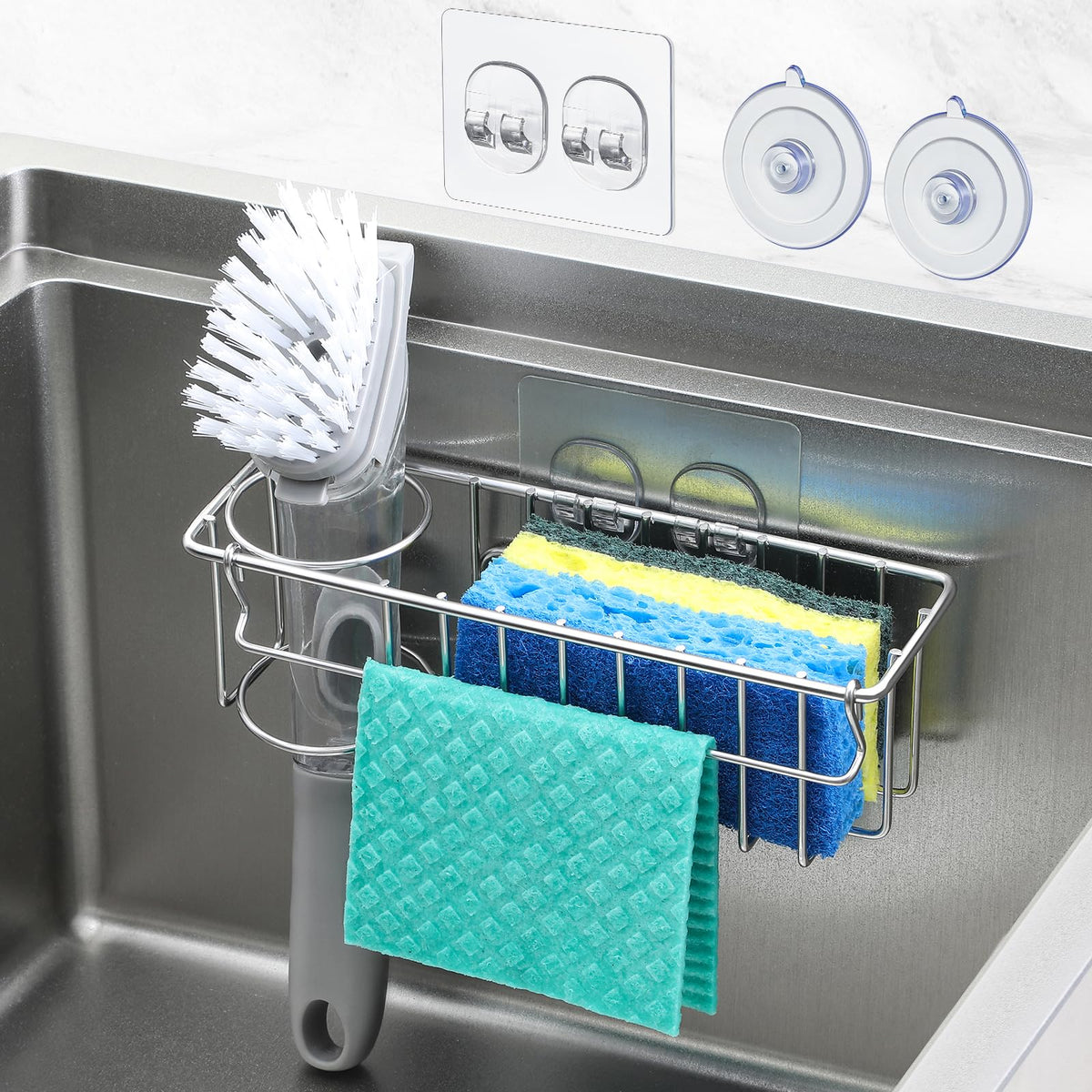 3-In-1 Sponge Holder for Kitchen Sink with Suction Cups & Adhesive Hook , In-sink Sponge Holder, Wall Hanging Sink Caddy Organizer Rack - Sponge, Dish Cloth, Brush, Scrubber - 304 Stainless Steel