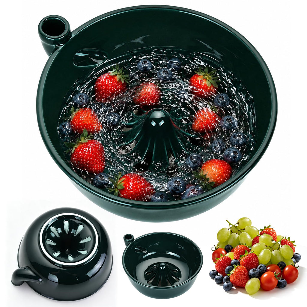 Ceramic Berry Washing Bowl with Auto-Spin Swirl Drainage | Self-Rinsing Fruit Bowl, Multi-Functional Berry Colander for Strawberries, Blueberries, and Grapes
