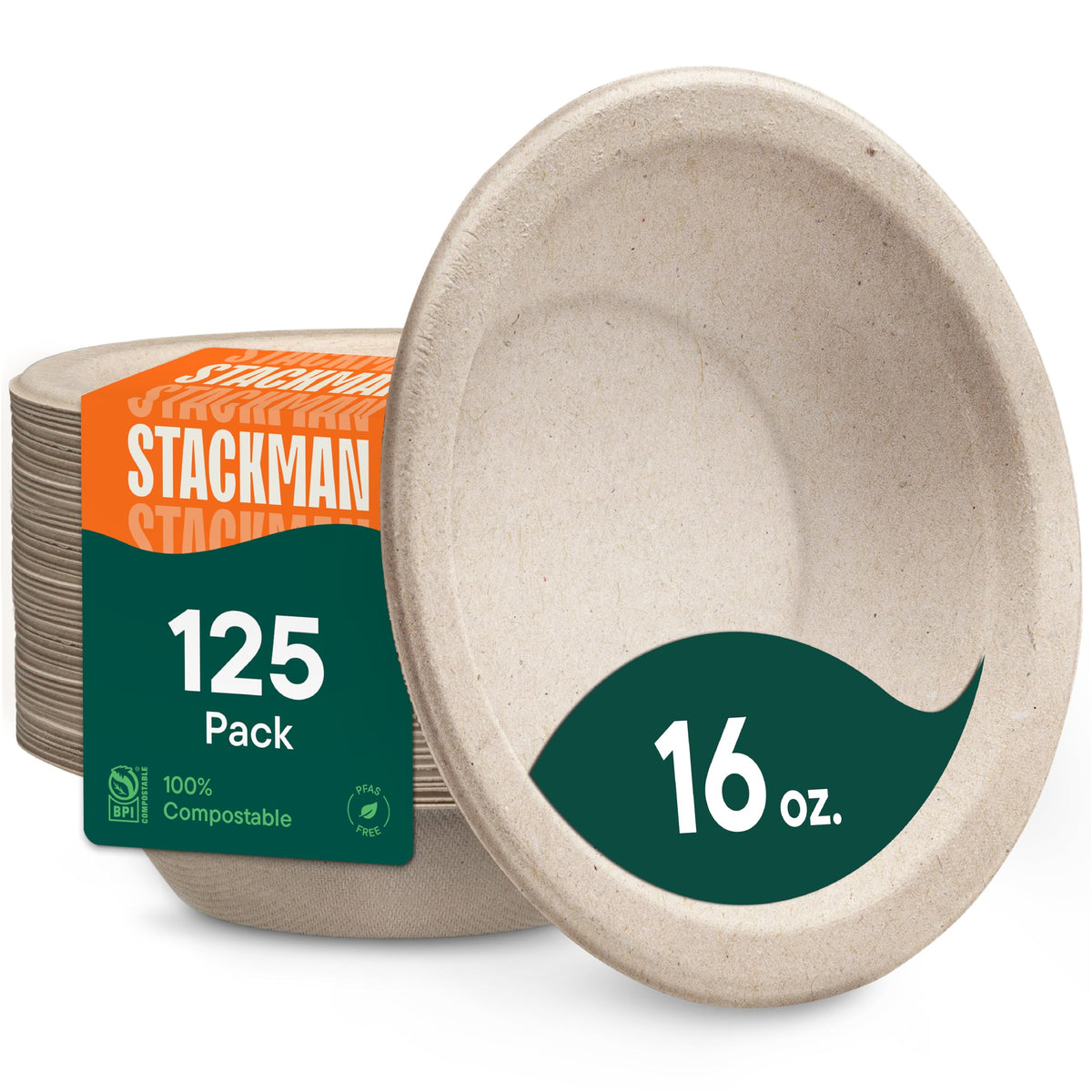 Paper Bowls, 100% Compostable Disposable Soup Bowl [125-Pack] - PFAS-Free - BPI Certified - [16 oz] Heavy Duty, Eco-Friendly, Biodegradable Bagasse Hot Food Plates and Bowls - Natural Brown