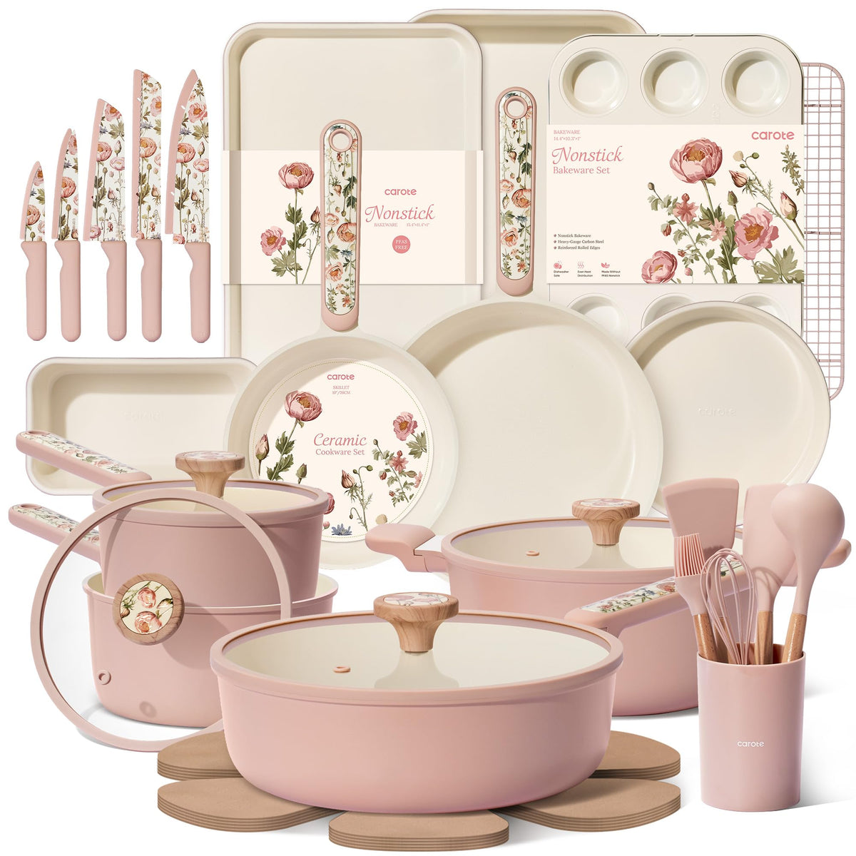 CAROTE 37pcs Ceramic Cookware Set, Nonstick Pots and Pans Set