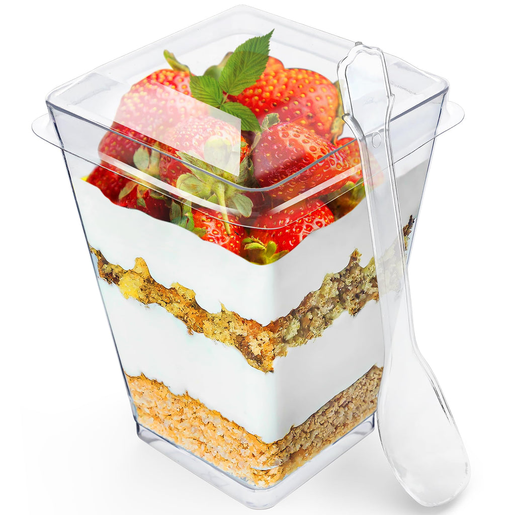 Sammray 100 Pack 5 oz Dessert Cups with Lids and Spoons, Plastic Parfait | 300 pcs serves 100; Disposable Clear Mini Party Set for Mousse, Tiramisu, Pudding, Appetizer, Salad, Yogurt, Cake, Wedding