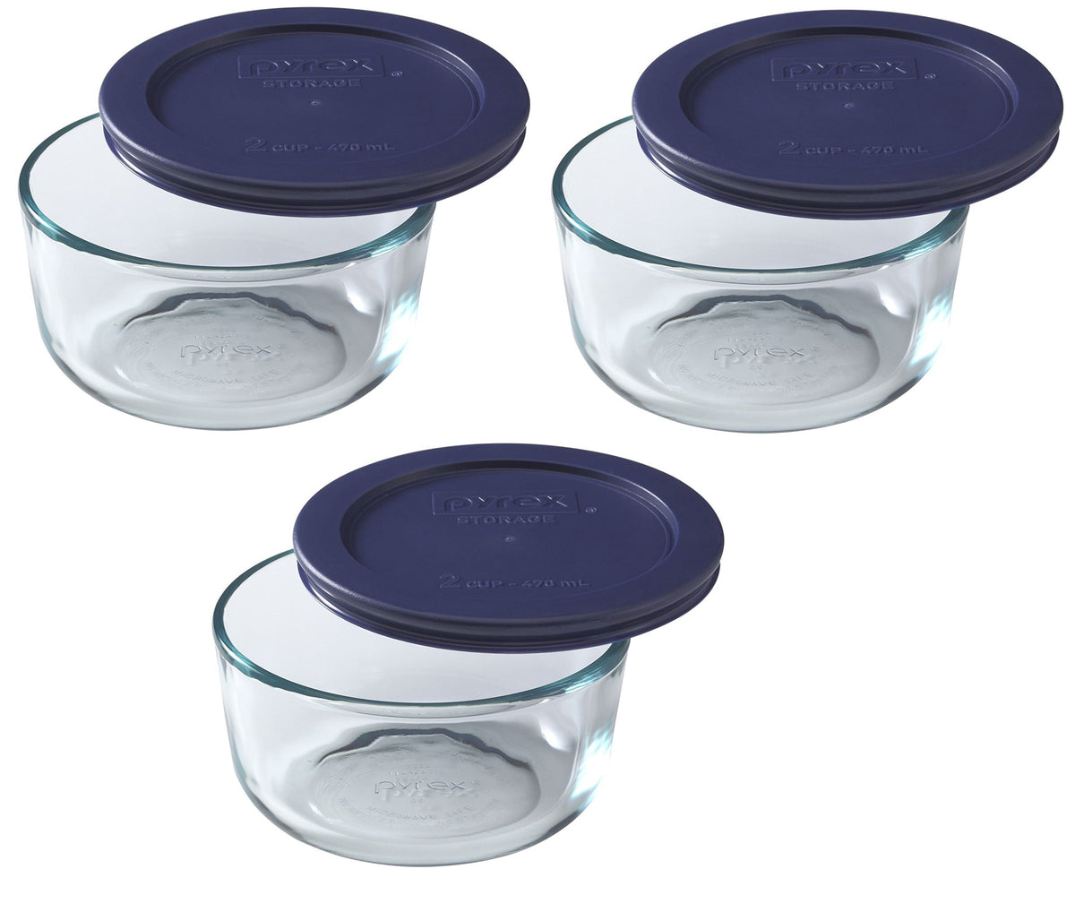 Pyrex 7200 2-Cup Glass Bowl & 7200-PC Dark Blue Lid (3-Pack) - Made in USA | BPA-Free Plastic | Round Shape | Top-Rack Dishwasher Safe | Refrigerator & Freezer Safe | Includes 3 Bowls & 3 Lids