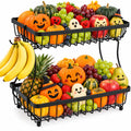 YUANCE 2-Tier Fruit Basket for Kitchen Counter with 2 Banana Hangers | Large Metal Fruit Bowl, Versatile Holder for Veggies, Produce Storage, 12.5"×7.5"×12"-Black