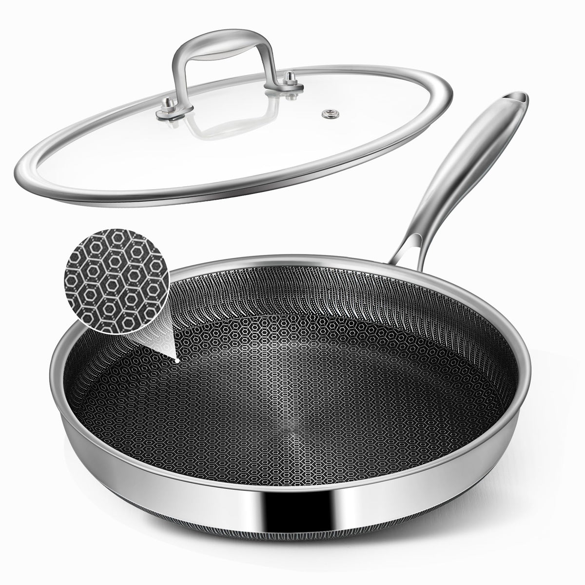 Vocvee Frying Pans, 10-inch with Lid, Hybrid Frying Pans Stainless Steel Skillets, Dishwasher & Oven-Safe, Stay-Cool Handle, PFOA Free Cookware, Compatible with All Cooktops