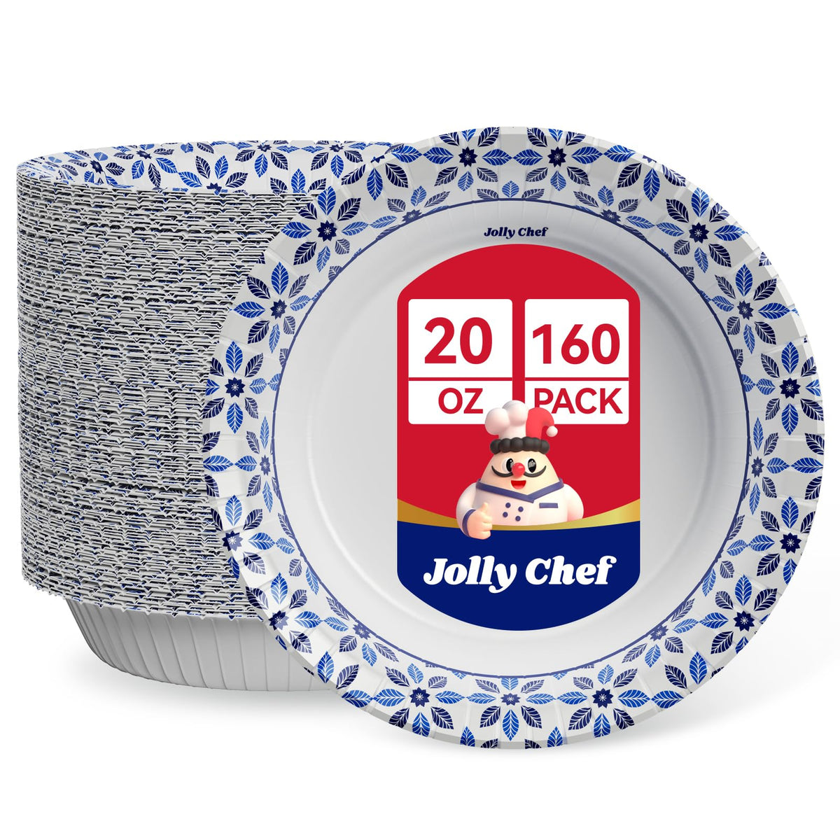 JOLLY CHEF 160 Count Paper Bowls 20 oz | Soak Proof, Heavy Duty Printed Disposable Bowls Bulk for Dinner or Lunch