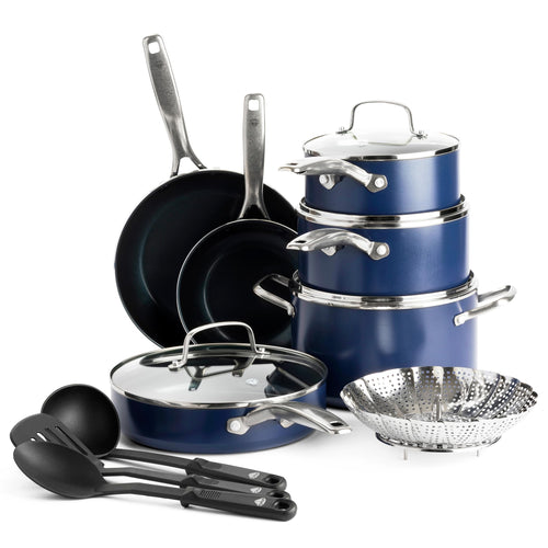 Blue Diamond 14 Piece Cookware Set, Diamond Infused PFAS & PFOA-Free Ceramic Nonstick Pots and Pans, Durable, Non Toxic, Metal Utensil Safe & Scratch Resistant, Dishwasher & Oven Safe, Blue