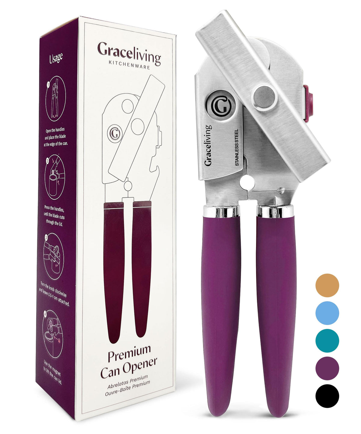 Graceliving Heavy Duty Manual Can Opener with Magnetic Lid Lifter, Mauve | Premium Stainless Steel Body, Sharp Cutting Blade, Oversized Easy-Turn Knob, Soft-Touch Handle, Bottle Opener, Kitchen Use