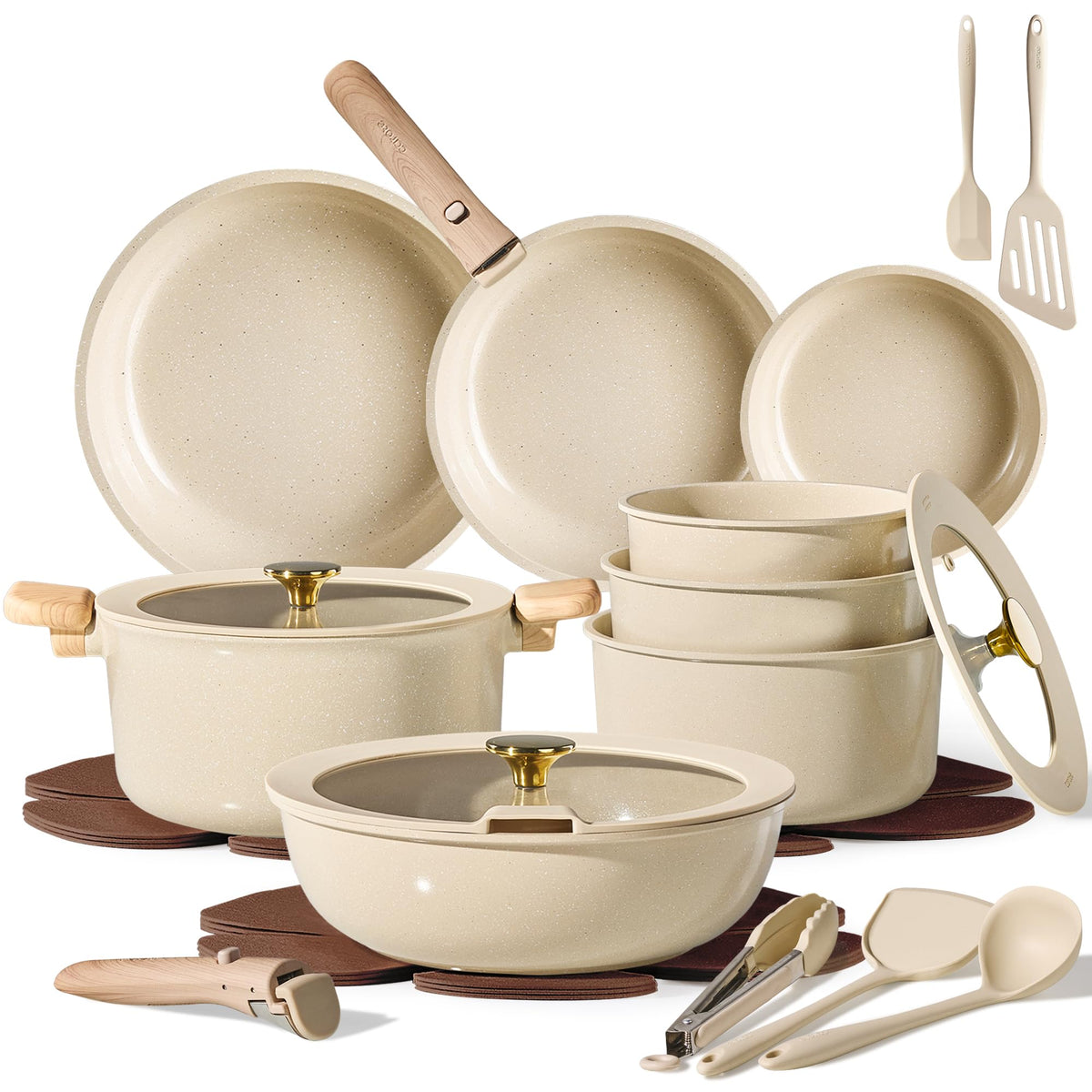 CAROTE 25pcs Ceramic Cookware Set, Pots and Pans Set with Detachable Handle