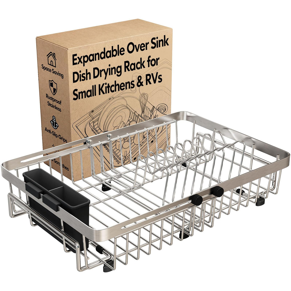 MAJALiS Expandable Dish Drying Rack Over The Sink with Anti Slip Grip | Stainless Steel Dish Drainer for Small Kitchen, Apartment, RV, Counter Space Saving, Perfect Fit, Anti-Slip, Rustproof