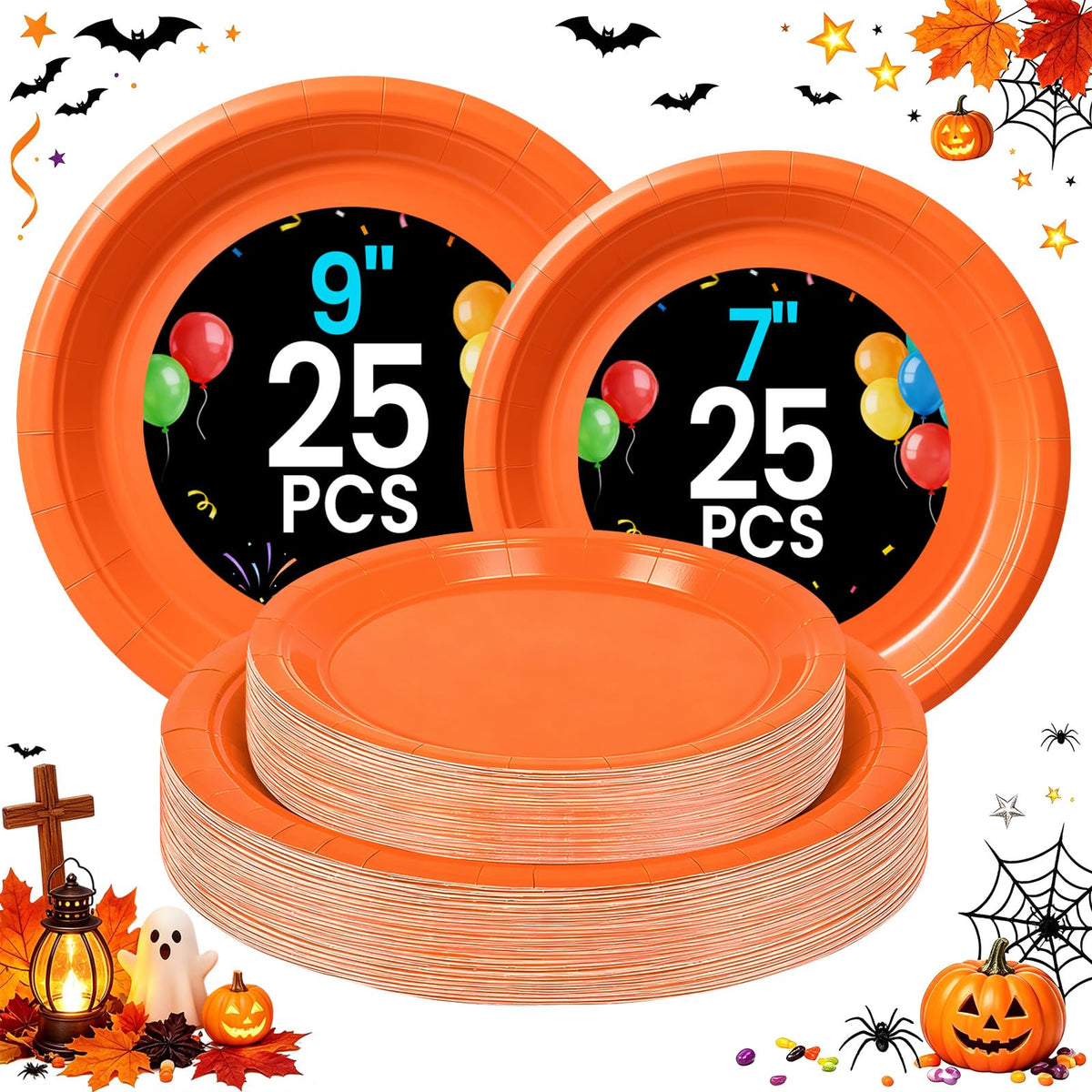 LANLISA Orange Paper Plates - Disposable Plates for Party, 25-9" & 25-7" | Dessert Cake Dinner Plates for Birthday, Halloween, Thanksgiving, Fall, Graduation