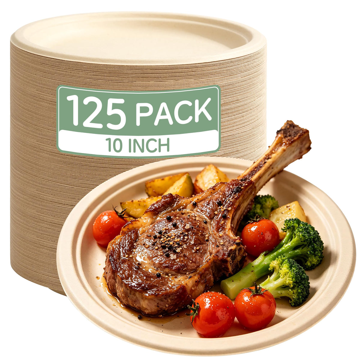 ECOEXTRA 10 Inch [125 Pack] Compostable Paper Plates | Brown, Disposable Paper Plates Heavy Duty, Made of Natural Sugarcane Fibers for Party, Home, Picnic