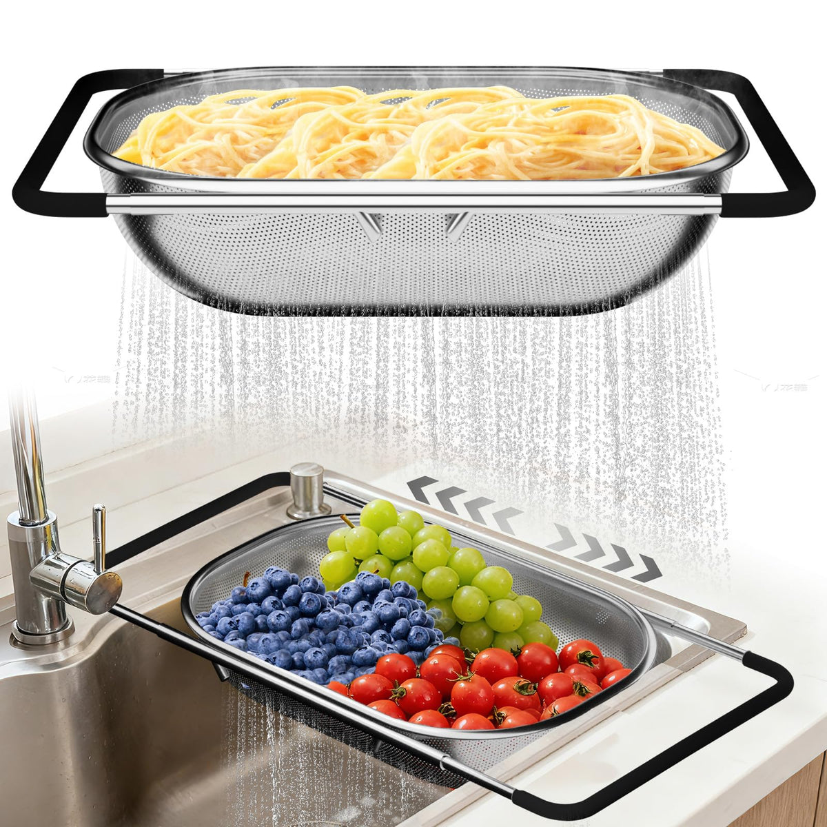 Over the Sink Colander - Strainers and Colanders - Sink Strainer Basket - Expandable Fine Mesh Strainer with Rubber Grip for Veggie, Fruits, Pasta, Home Kitchen Essentials (9.5W x 13.4-21.3L x 3.3H)
