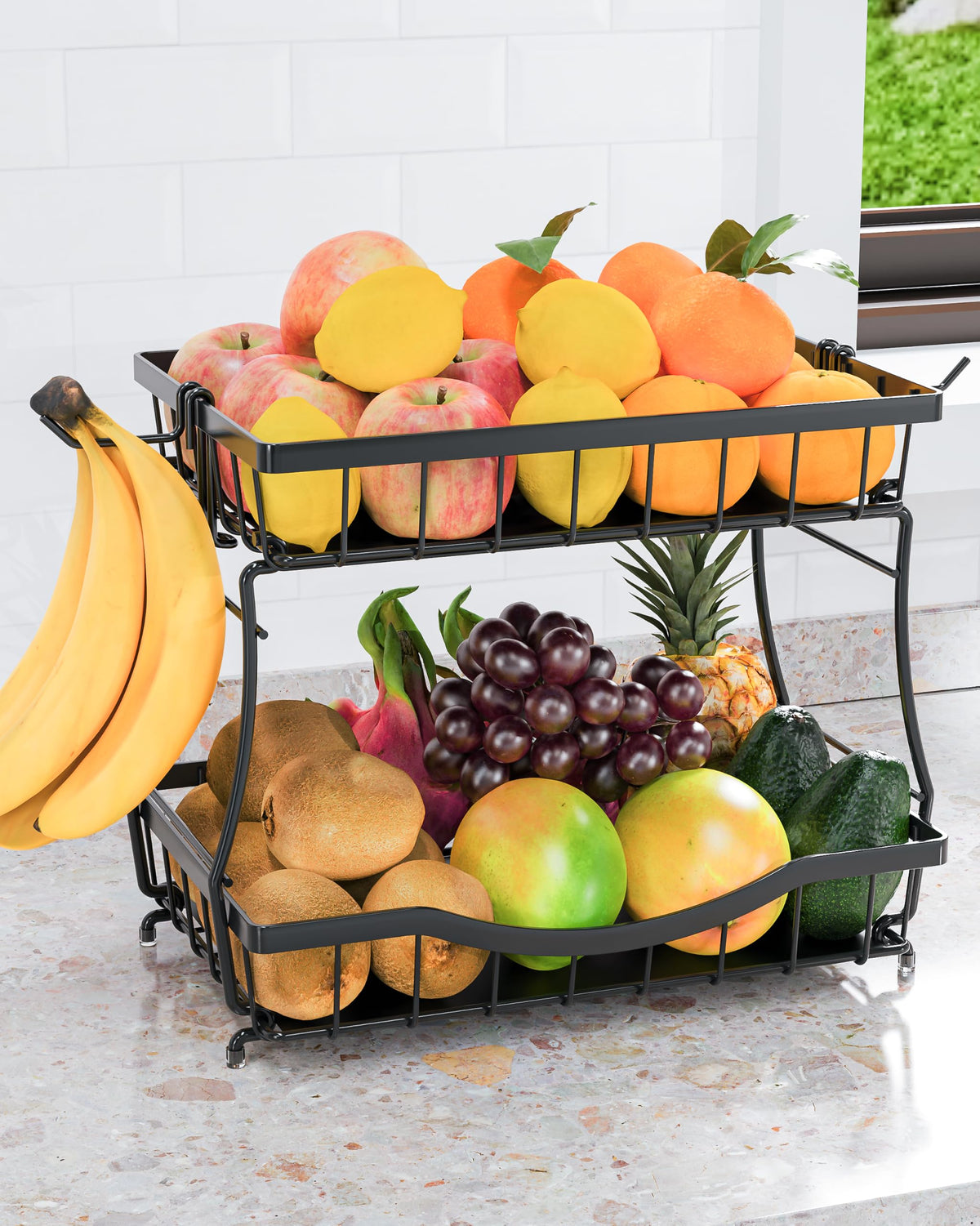 2-Tier Fruit Basket for Kitchen Counter with 2 Removable Banana Holders | Metal Wire Fruit Bowl with Protective Pads & Rubber Feet | Kitchen Organization for Vegetables, Snacks & Bread | 12.7"Lx8.7"W