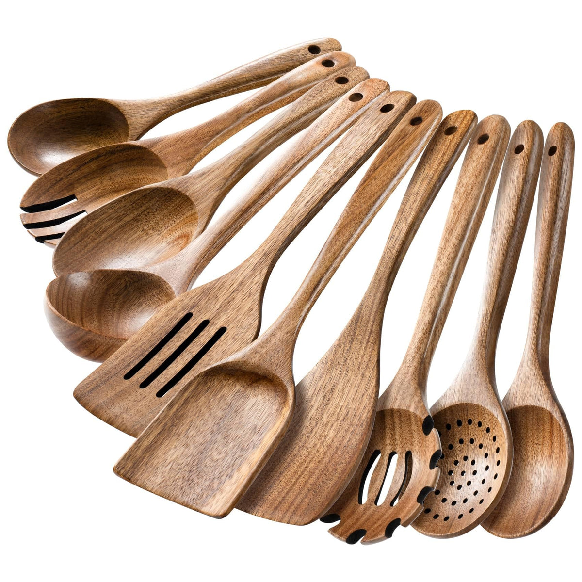 HSM Wooden Spoons for Cooking, 10-Piece Acacia Wood Kitchen Utensil Set | 10 task-specific tools cover stirring, flipping, draining and serving, keeping the right shape ready for everyday recipes.