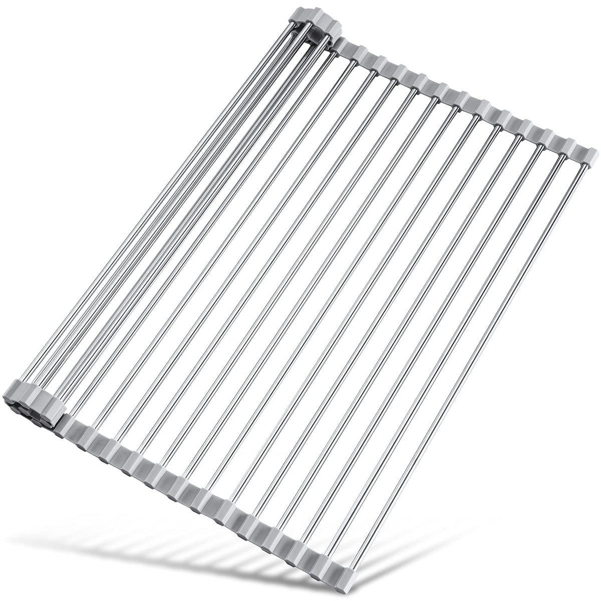 Tomorotec Roll Up Dish Drying Rack Over Sink, 304 Steel, 17.7x15.5, Grey | Anti-Slip Silicone Rims For Grip, Heat-Resistant Trivet Mat Holding Heavy Cookware, Rustproof Kitchen Counter Space Saver