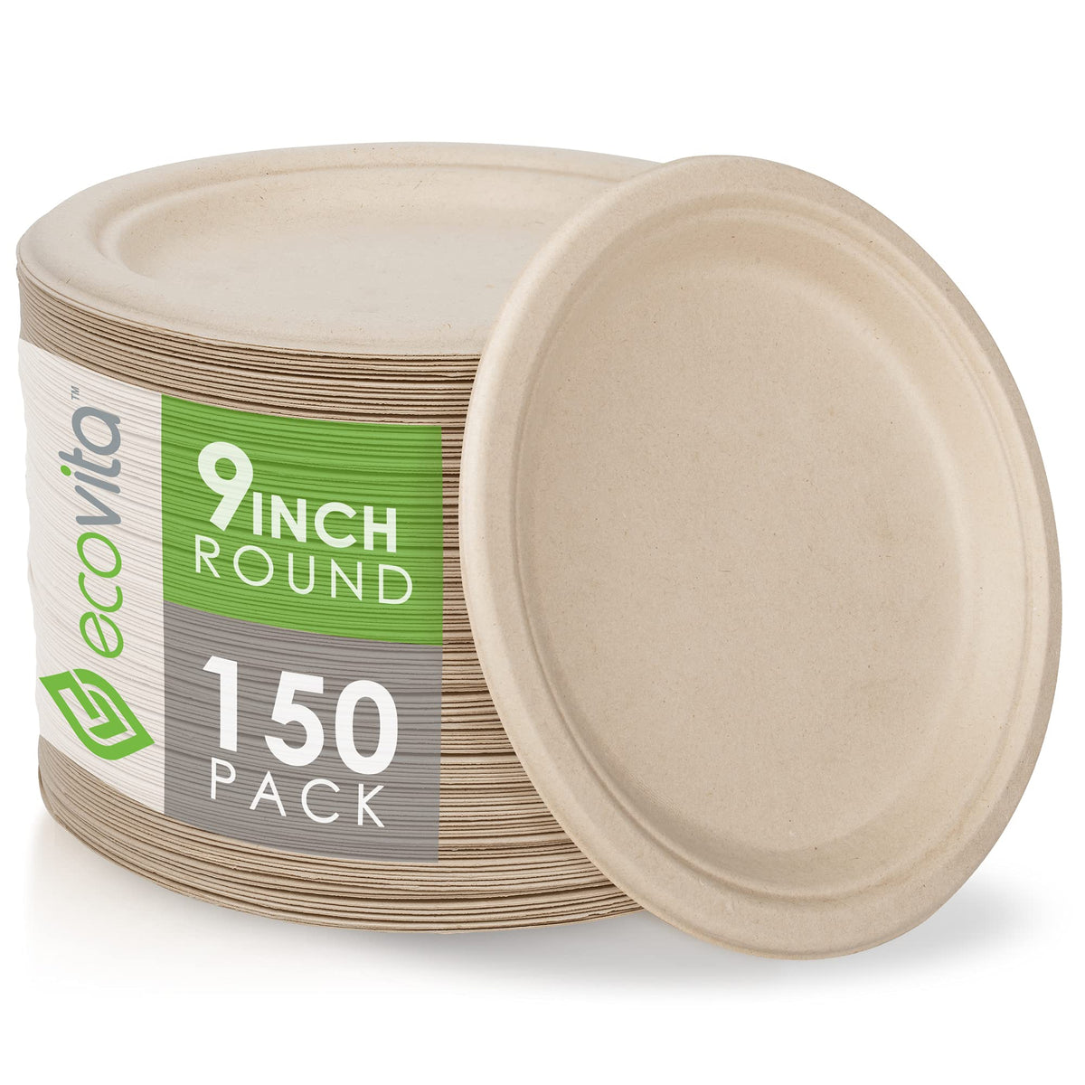 Ecovita 100% Compostable Paper Plates [9 in.] – 150 Disposable Plates Eco Friendly Sturdy Tree Free Liquid and Heat Resistant Alternative to Plastic or Paper Plates