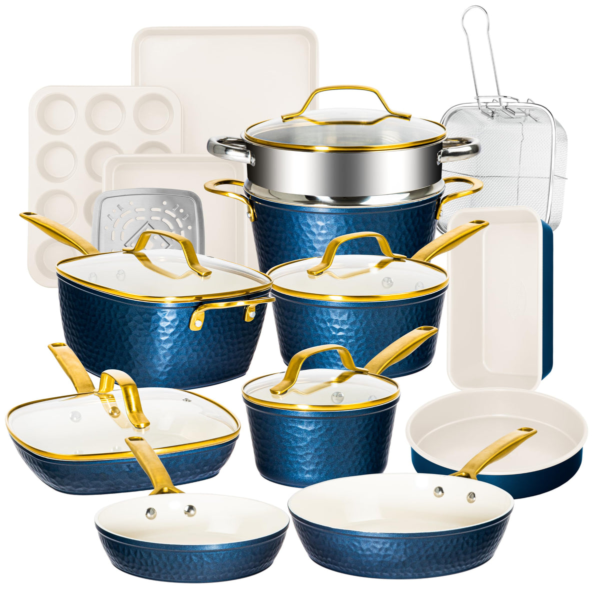 Gotham Steel Hammered 20Pcs Ceramic Cookware Set, Induction Pots and Pans Set Non Stick with Deep Fry Pan, Steamer, & Bakeware, Non Toxic PFOA PFOS Free, Oven & Dishwasher Safe