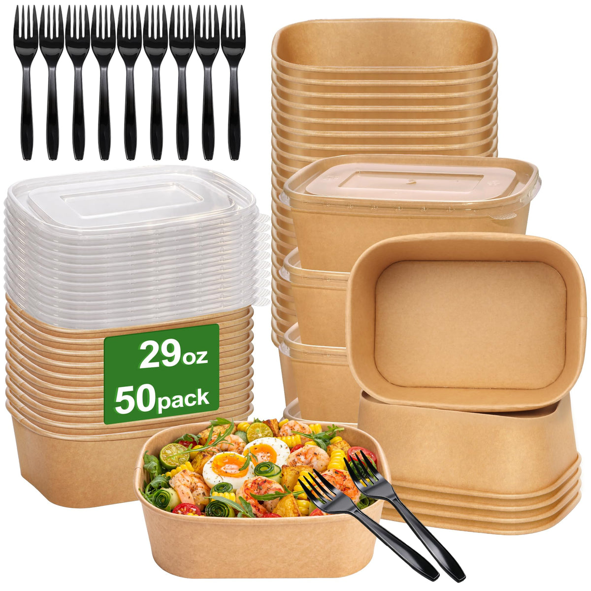 Pilruawim 50 Pack 29oz Disposable Meal Prep Containers with Lids and Forks, Microwave and Freezer Safe Kraft Paper Bowls for Salad Noodles, Take Out Containers for Hot/Cold Food