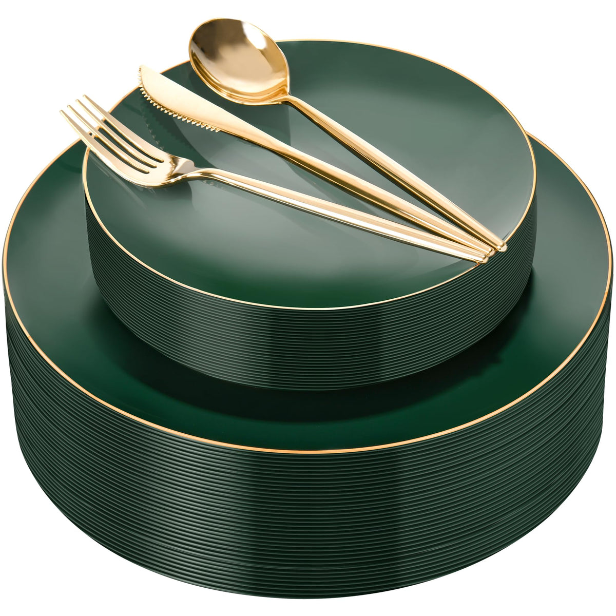 I00000 150Pcs Green Plastic Plates,Premium Disposable Plates for Wedding | Green Plates with Gold Rim,Gold Plates Set Include 30 Dinner Plates,30 Dessert Plates, 90 Plastic Silverware Set for Party