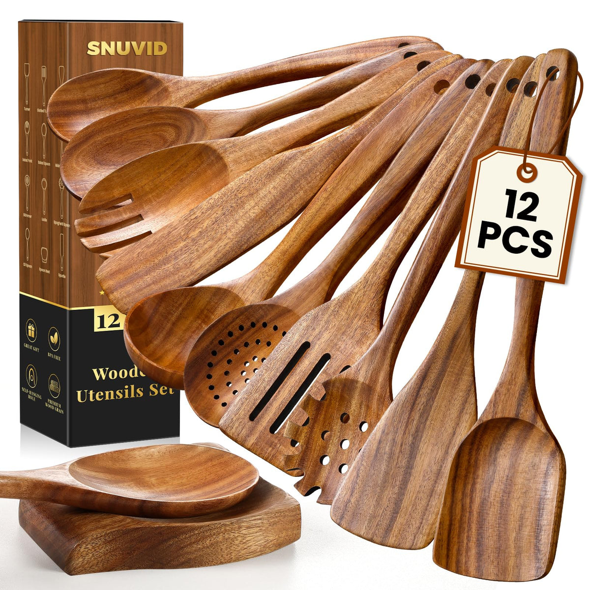 Wooden Spoons for Cooking, 12 Pcs Teak Wood Kitchen Utensils Set with Spoon Rest - Nonstick Heat Resistant Wooden Cooking Utensils, Natural Healthy Spatula Set for Pots and Pans