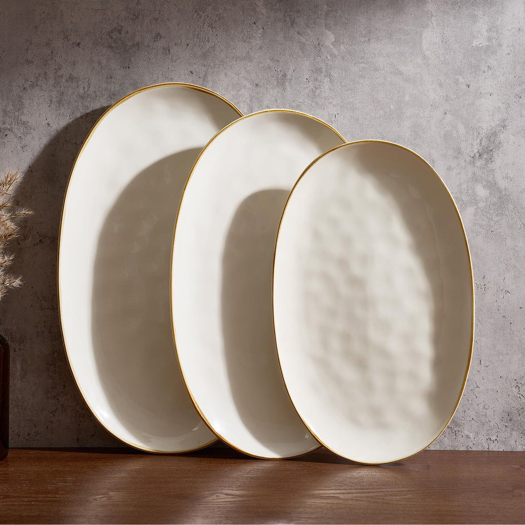 famiware Serving Platters Set of 3 Sizes - Oval, Vanilla White | 15.59"/14.3"/12.9" Fine Stoneware Serving Trays for Party, Entertaining for Food, Turkey, Cheese, Microwave Dishwasher Safe