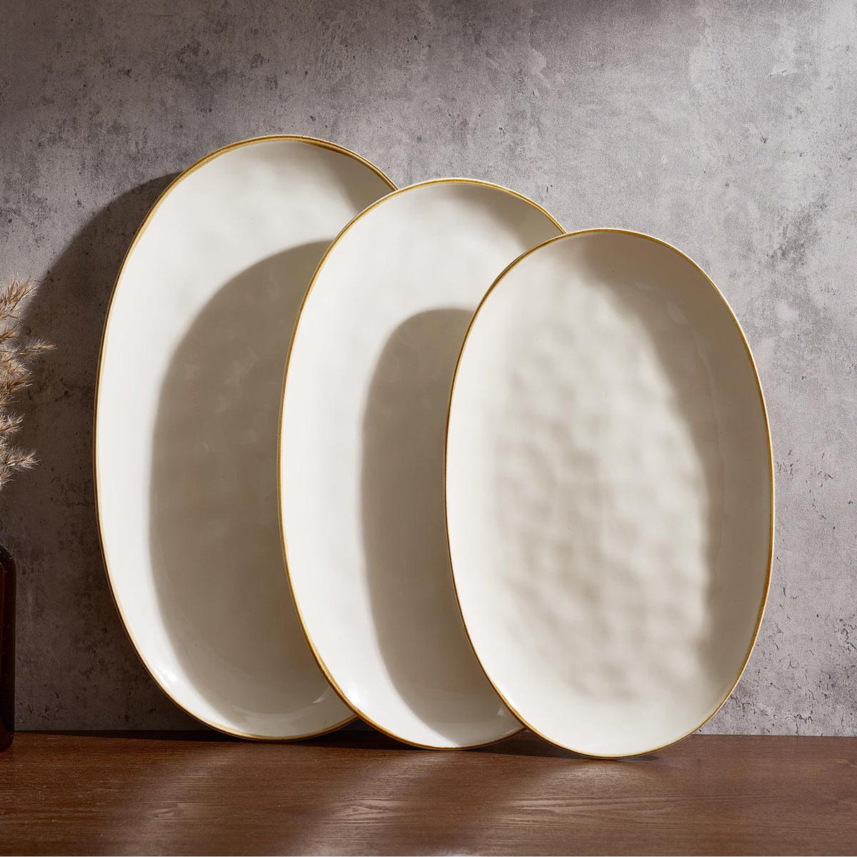 famiware Serving Platters Set of 3 Sizes - Oval, Vanilla White | 15.59"/14.3"/12.9" Fine Stoneware Serving Trays for Party, Entertaining for Food, Turkey, Cheese, Microwave Dishwasher Safe