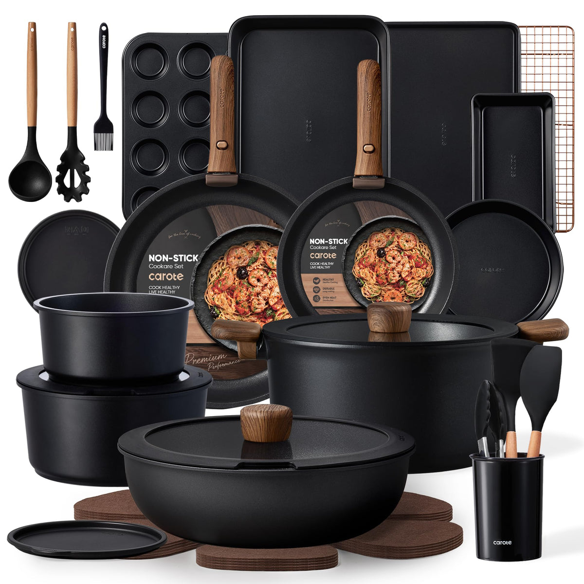 CAROTE 31pcs Pots and Pans Set Non Stick, Detachable Handle Cookware, Black