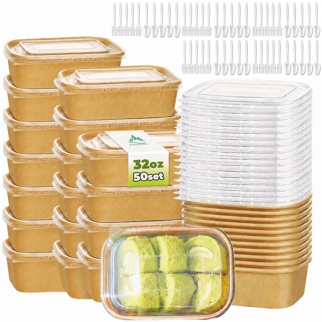 Kaderron 50 Pack 32 OZ Large Paper Bowls with Lids【with Spoons and Forks】, Heavy Duty Disposable Meal Prep Containers for Party, Disposable Bowls Bulk Soak-Proof and Microwave Safe for Hot/Cold Use